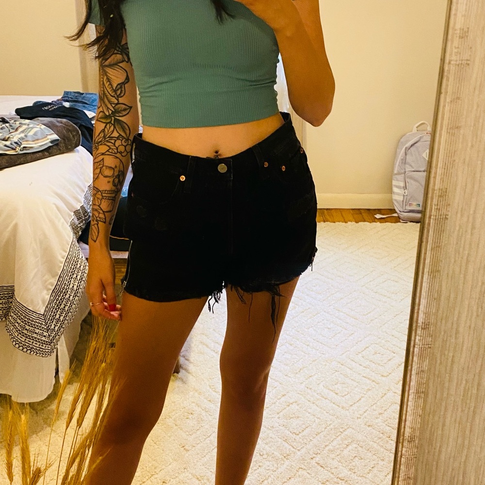 Black high rise jean shorts!